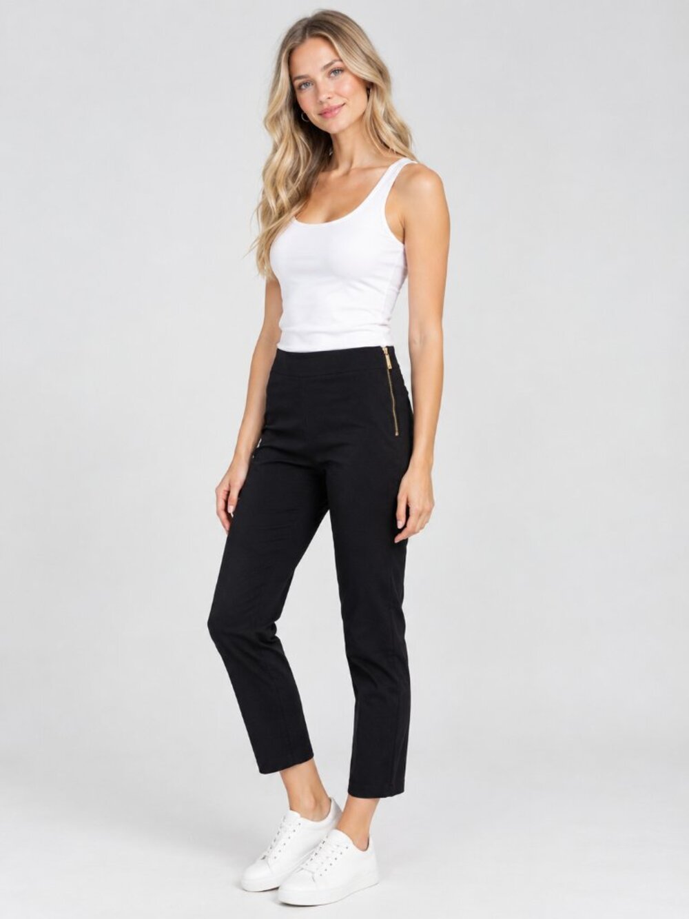 2/$30 Chico's Gold Side Zip Ankle Trouser High Rise Black 10 #A6077